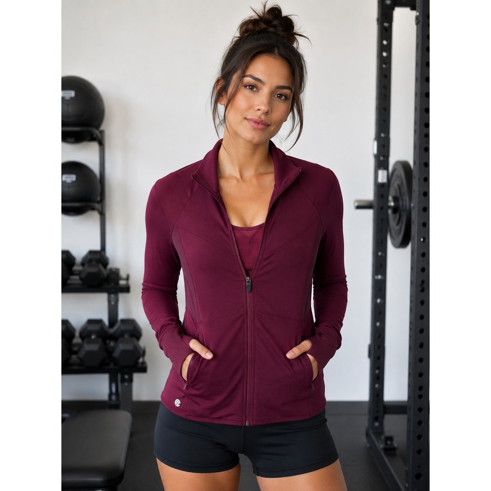 Champion C9 Duo Dry Full Zip Track Jacket Maroon Burgundy Thumbholes Womens M